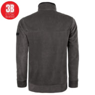 Back view of a dark gray suede jacket with a high collar and ribbed cuffs.