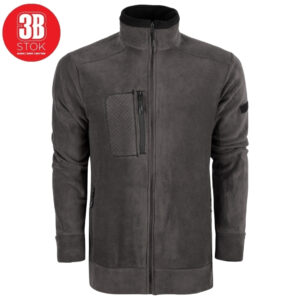 Dark gray zip-up jacket with a stand collar and a quilted chest pocket (product photo).