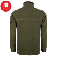 Back view of an olive-green fleece jacket with a high collar and dark trim on the collar edge.