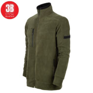 Olive-green zip-up fleece jacket with high collar and black zippers; chest pocket and arm patch details visible.