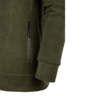Close-up of an olive-green fleece jacket showing a vertical zip pocket and ribbed cuff on the sleeve edge.