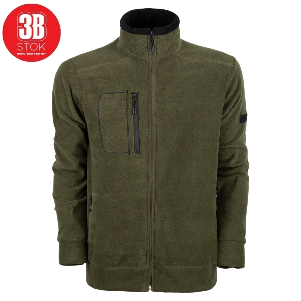 Olive-green zip-up jacket with a stand-up collar, chest pocket with vertical zipper, and additional side pockets; 3B STOК logo in a red circle at top-left.