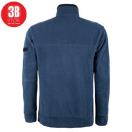 Back view of blue fleece jacket with quilted collar and ribbed hem; small black patch on left sleeve visible on the side.