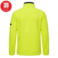 Back view of a neon yellow high-visibility fleece jacket with a black-trim collar and a small black sleeve patch.