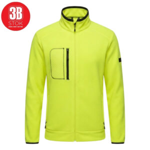 High-visibility neon yellow fleece jacket with full front zipper, stand collar, black trim, and a quilted chest pocket with vertical zip.