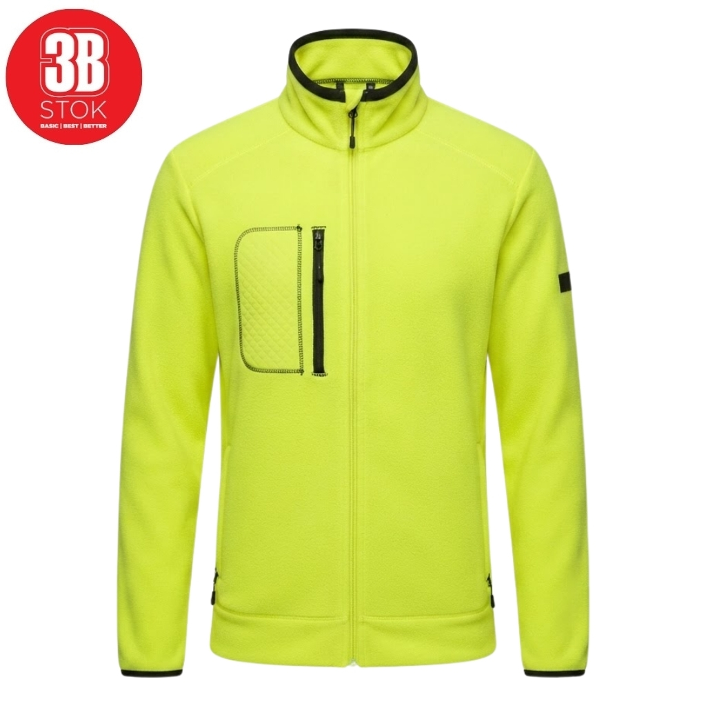 High-visibility neon yellow fleece jacket with full front zipper, stand collar, black trim, and a quilted chest pocket with vertical zip.