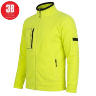 Fluorescent yellow high-visibility jacket with front zipper, stand collar, and zip pockets (chest and side) with black detailing.
