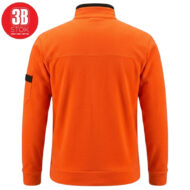 Back view of a bright orange fleece sweatshirt with a black-trimmed collar; left arm has a small pocket with a black strap and a round logo badge in the top left corner.