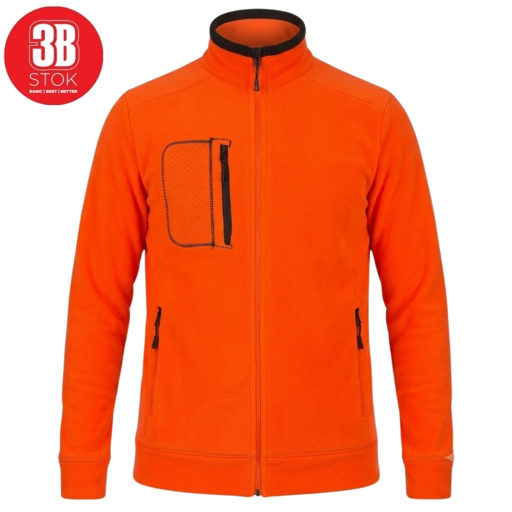 Bright orange zip-up jacket with black-trimmed chest pocket on the left and two side pockets.