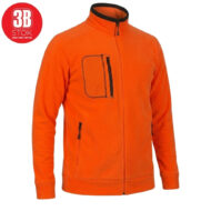 Bright orange zip-up fleece jacket with black trim, chest pocket and side pockets on white background.
