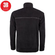 Back view of a black fleece jacket with a stand-up collar and a horizontal seam across the upper back; red circular 3B STOK logo in the top-left corner.