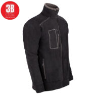 Black zip-up fleece jacket with a high collar and gray-stitched chest pocket and zippered side pockets