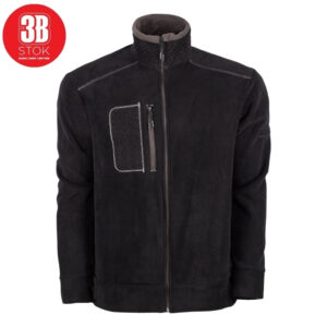 Black zip-front jacket with high collar, contrast stitching, and a quilted left-chest pocket detail on a white background (product image).**