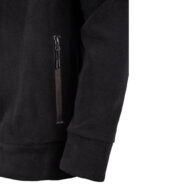 Close-up of a black jacket sleeve with a vertical zippered pocket.