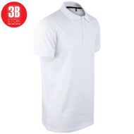 White polo shirt with collar and short sleeves, displayed on white background, featuring a red circular 3B STOk logo in the top-left corner.
