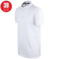 White polo shirt with short sleeves and textured cuffs on a white background; red brand logo in top-left corner.