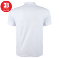 Back view of a plain white polo shirt with short sleeves; red circular logo in the top-left corner reads '3B STOK'