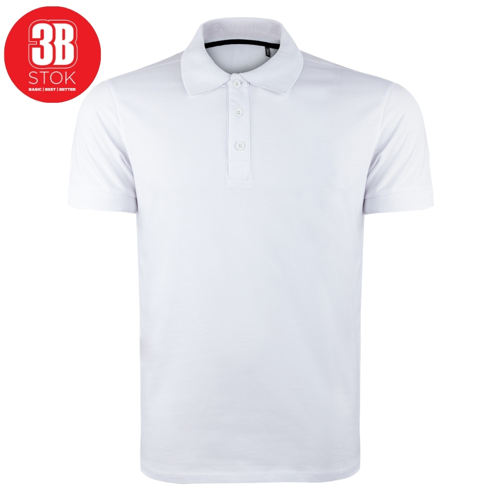 White polo shirt with short sleeves and a 3-button placket, displayed on a white background with a red circular brand badge in the corner.