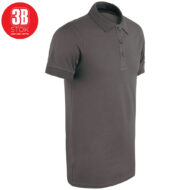 Dark gray polo shirt with short sleeves, collar, and a button placket on a white background