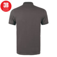 Back view of a dark gray polo shirt with short sleeves and a ribbed collar, featuring a red circular 3B STOK logo at the upper left corner.