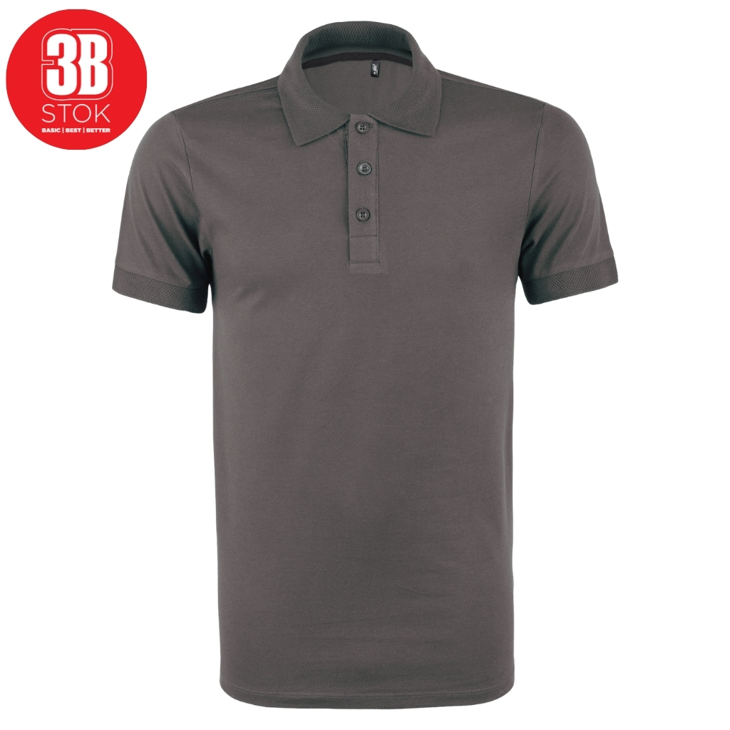 Grey polo shirt with collar and three-button placket on white background; red circular 3B STOk logo in the upper left.
