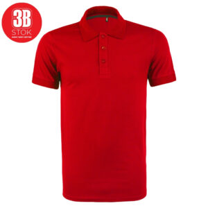Red polo shirt with short sleeves, collar, and three-button placket.