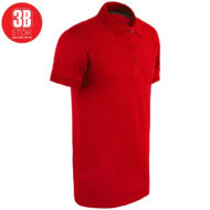 Red polo shirt with a collar and three-button placket on a white background; circular 3B STOk logo in the top-left corner.