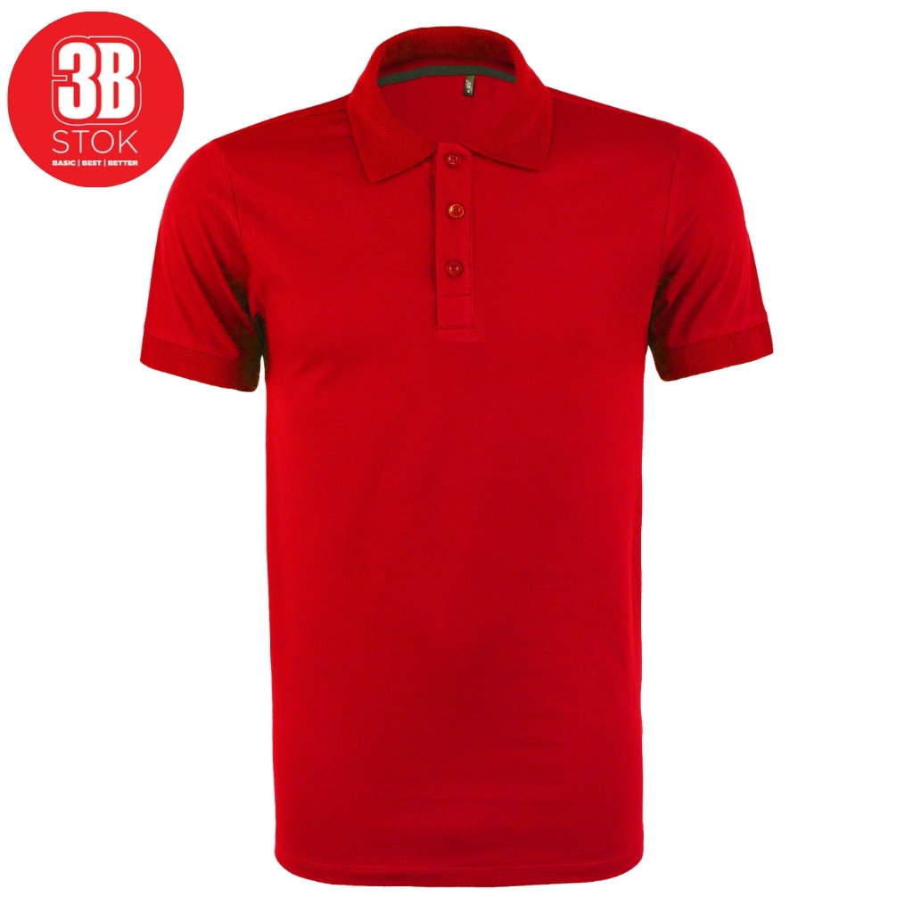 Red polo shirt with short sleeves, collar, and three-button placket.