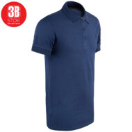 Navy blue polo shirt with short sleeves and a three-button placket on a white background, red circular logo in the top-left corner.