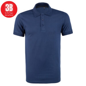 Navy blue polo shirt with a collar and three-button placket, plain design.