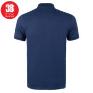 Back view of a navy blue polo shirt with short sleeves on a white background.
