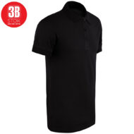 Black polo shirt with short sleeves and a three-button placket on a white background; red round logo in the top-left corner.
