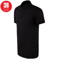 Black polo shirt with short sleeves and three-button placket on white background; red circular 3B STOk logo in top-left corner.