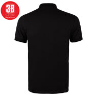 Back view of a plain black polo shirt with short sleeves and a red circular 3B Stock logo in the top-left corner.