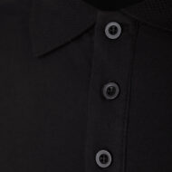 Close-up of black polo shirt fabric with a vertical row of buttons on the placket.