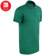 Green polo shirt with a collar and three-button placket on a white background; red circular 3B STOCK logo in the top-left corner.