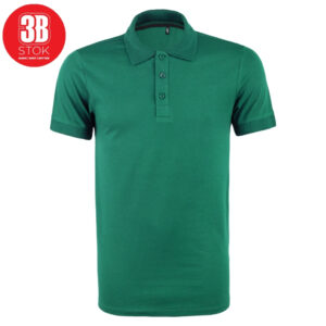 Emerald green polo shirt with short sleeves, collar, and three-button placket on a white background.