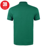 Back view of a green polo shirt with short sleeves; small red circular logo in the top-left corner.