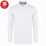 White long-sleeve polo shirt with a three-button placket and ribbed cuffs; red 3B STOk logo in the corner.