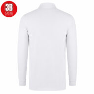 Back view of a plain white long-sleeve polo shirt with a ribbed collar and cuffs, shown against a white background (logo top-left).