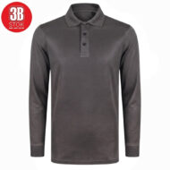 Dark gray long-sleeve polo shirt with collar and three-button placket; red 3B Stok logo in the top-left corner.