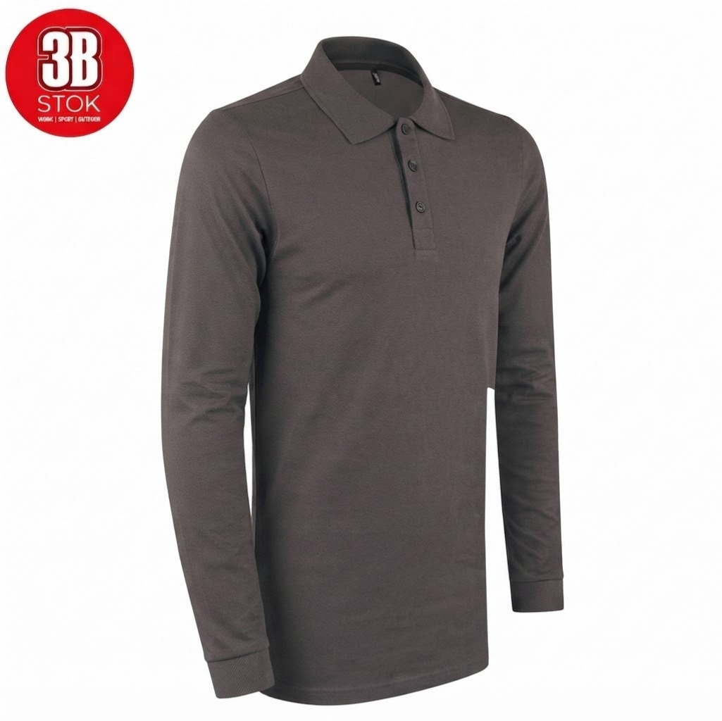 Dark gray long-sleeve polo shirt with a three-button placket and ribbed cuffs on a white background.