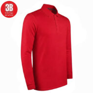 Red long-sleeve polo shirt with collar and three-button placket, plain front.