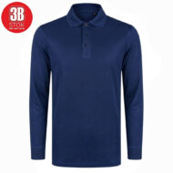 Navy blue long-sleeve polo shirt with a buttoned collar on a white background. (three-button placket)