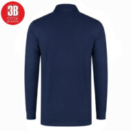 Back view of a navy blue long-sleeve polo shirt with a stand collar and ribbed cuffs; small red 3B STOk logo in the top-left corner.