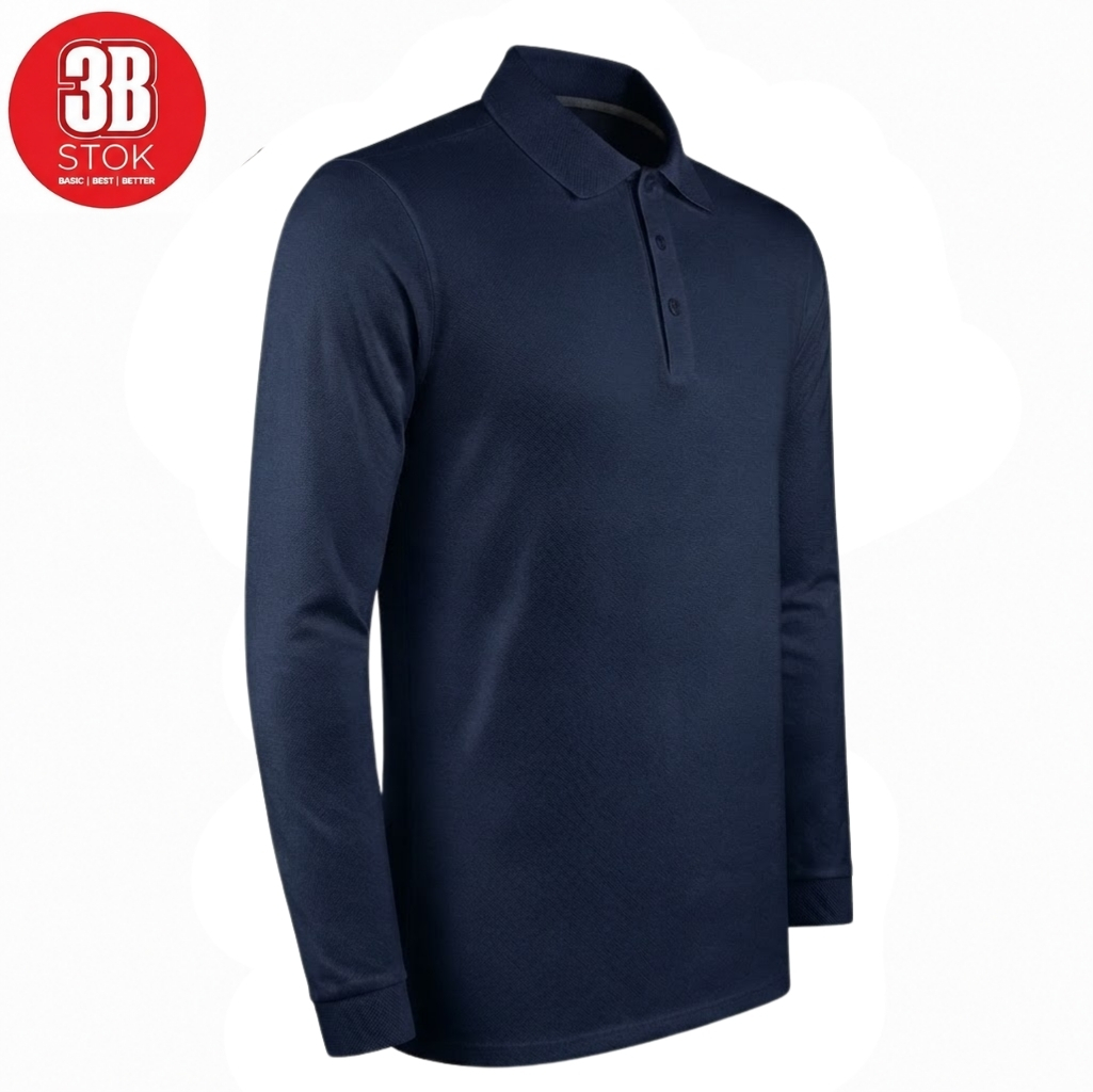 3B POLO YAKA UZUN KOLLU PAMUK PİKE LACİVERT (3) Navy blue long-sleeve polo shirt with collar and button placket on a white background; 3B Stok logo visible in the corner.