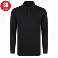 Black long-sleeve polo shirt with a 3-button placket on a white background, featuring a red 3B Stok logo in top-left corner