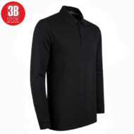 Black long-sleeve polo shirt with collar and three-button placket on a white background.