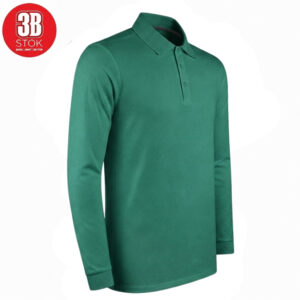 Green long-sleeve polo shirt with collar and three-button placket on a white background, product photo.