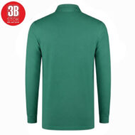 Back view of a green long-sleeve polo shirt with ribbed cuffs and collar, plain design